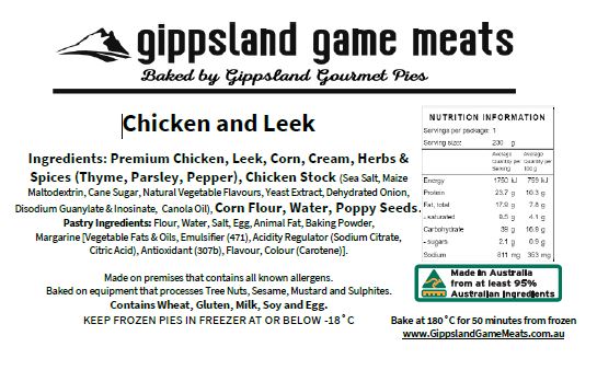 Listed ingredients for the ckichen & leek pie