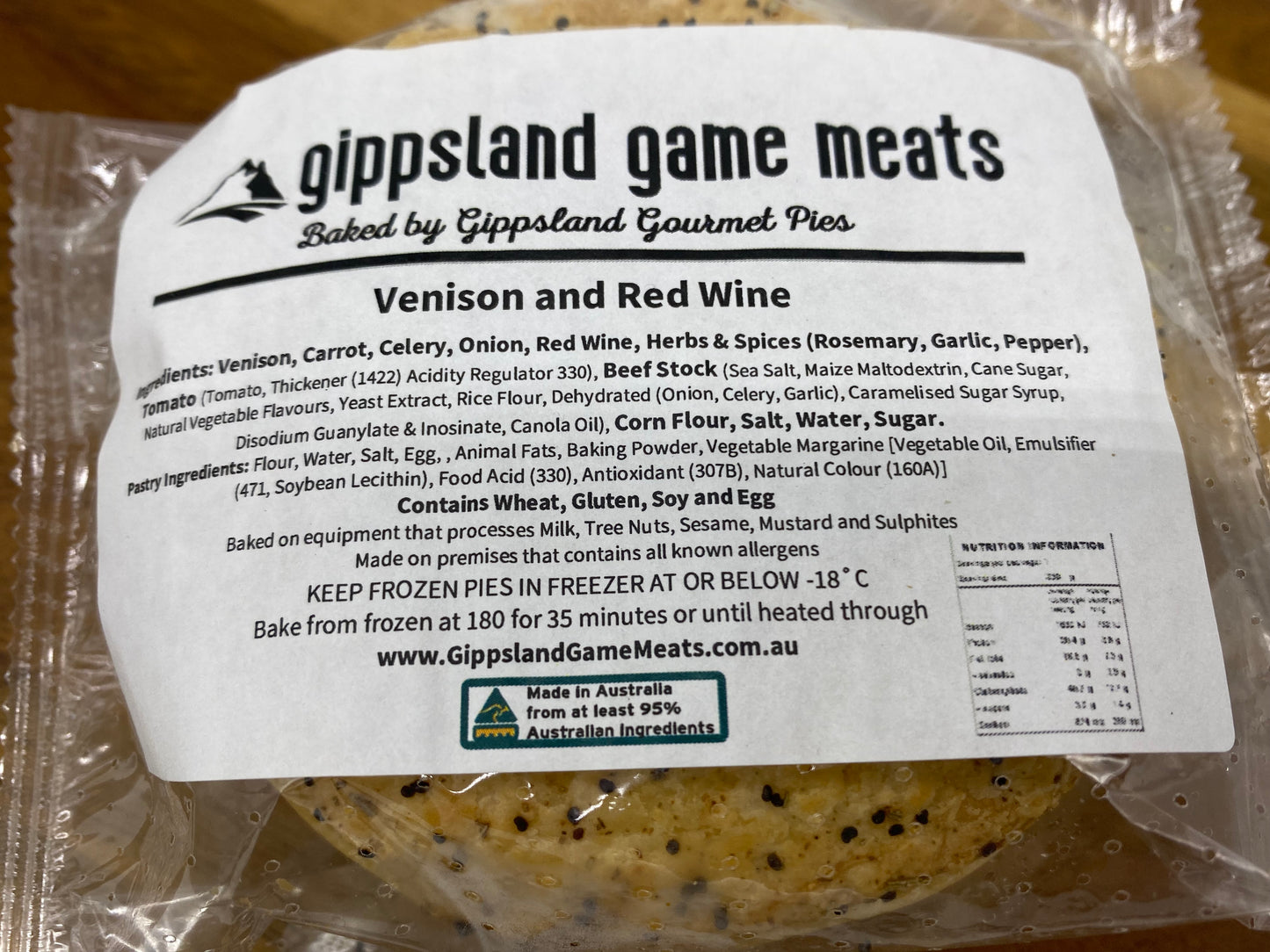 photo Ingredient lable for Venison Pie, Gourmet Venison Pie