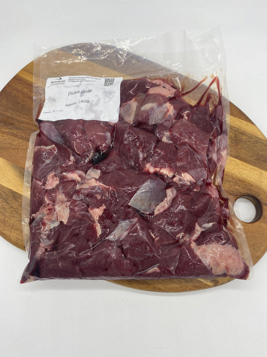 Photo- diced bonless goat in a 1kg cryovac bag