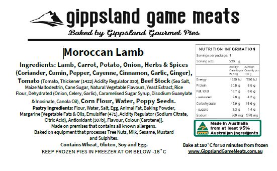 Photo ingredient label for the Moroccan Lamb Pie,  Gourmet Moroccan Lamb Pie